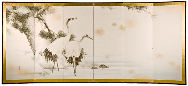 Cranes in the Forest (one of a pair of 6-fold screens) (Grullas en el bosque [uno de un par de biombos de 6 paneles])